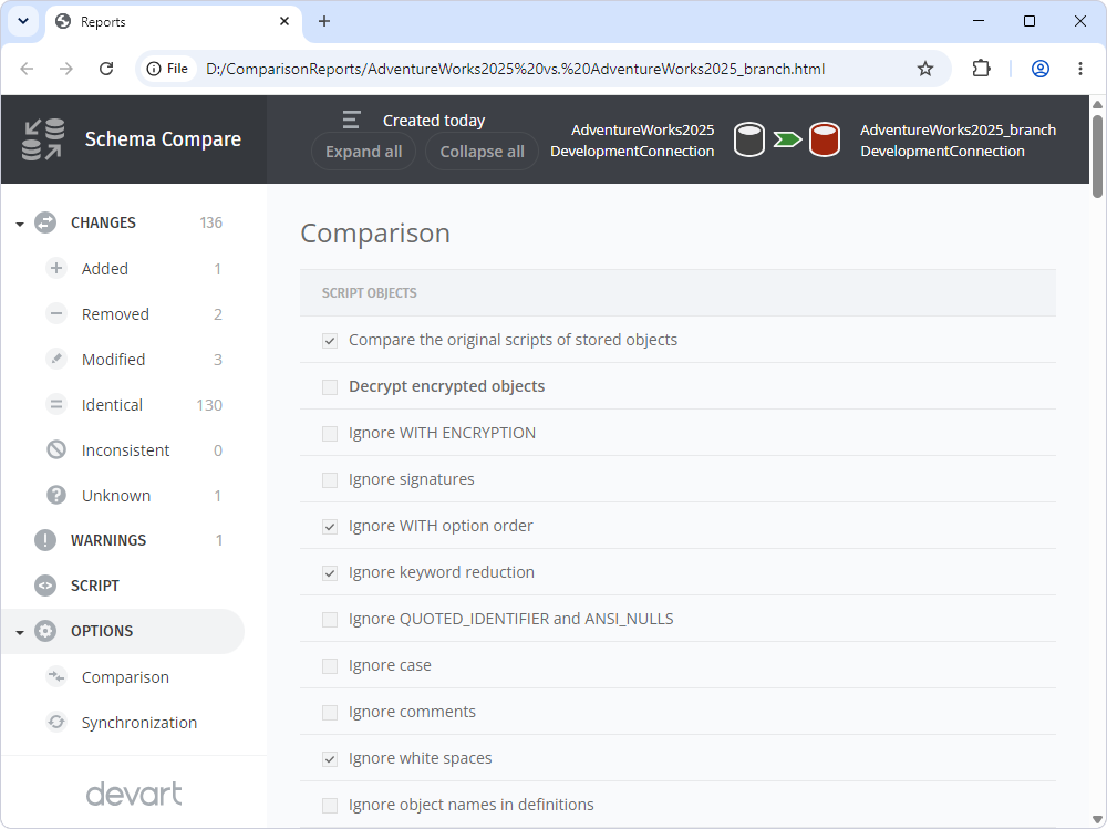 HTML Report Options Section