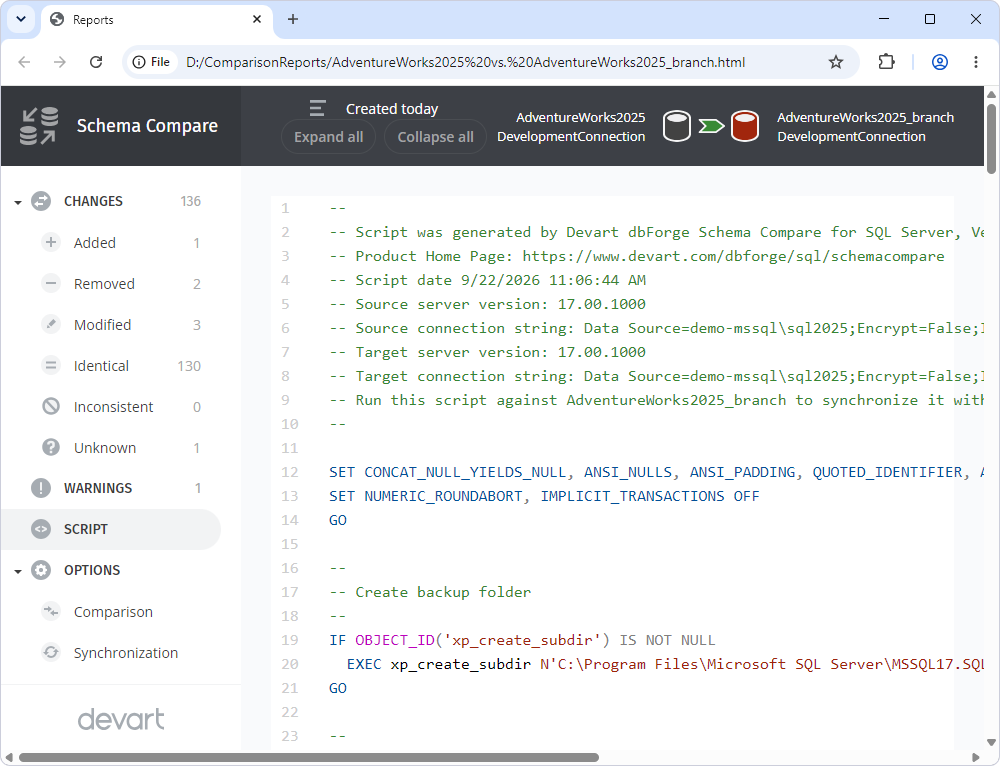 HTML Report Script Section