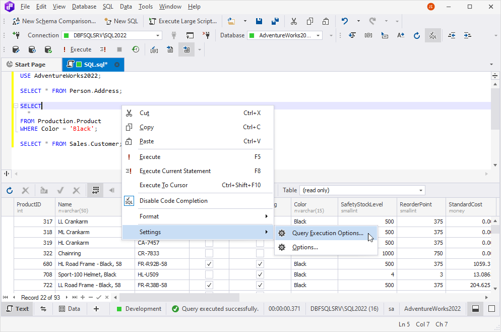 Query execution options