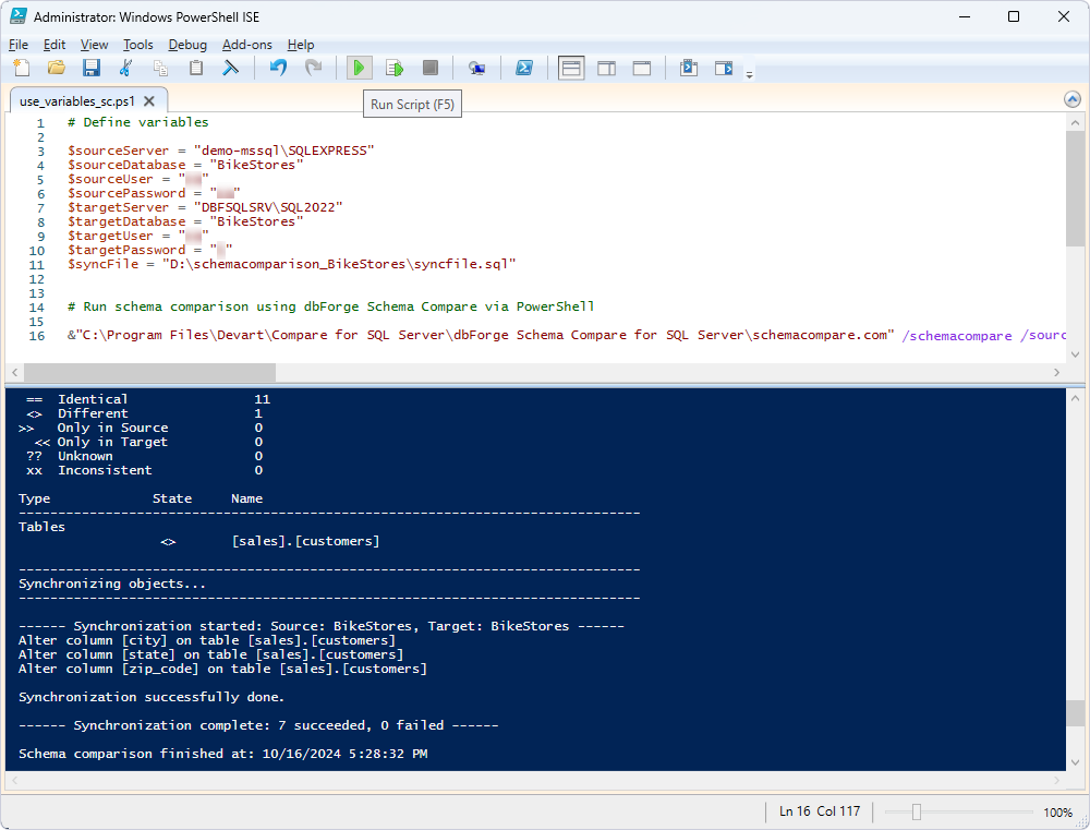 Result - Using variables in the PowerShell script