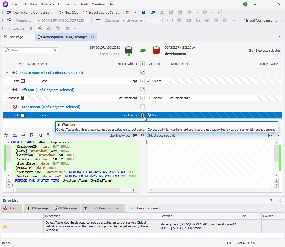 Compare source and target schemas