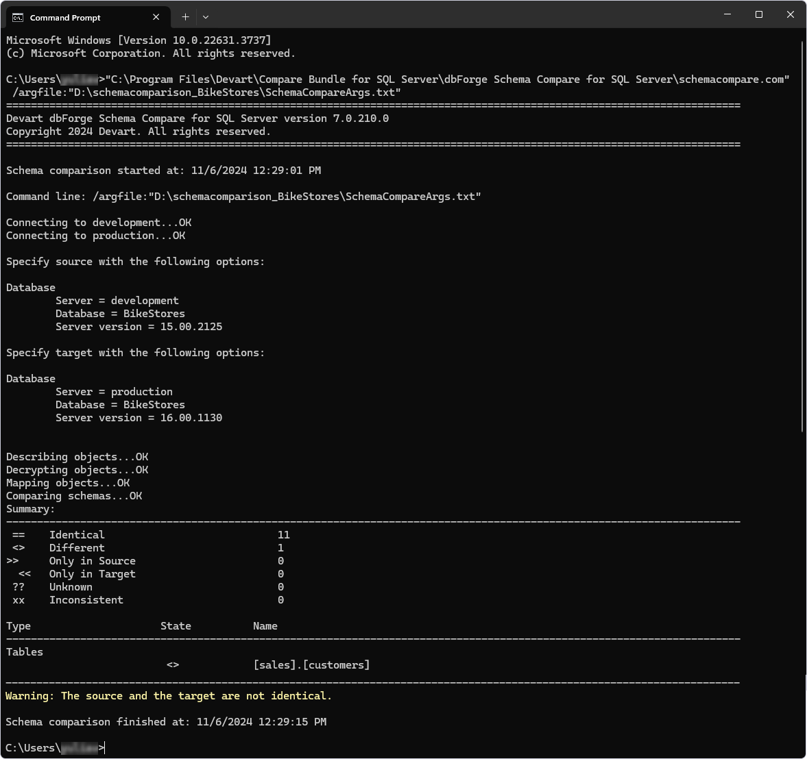 Running schema comparison using the command-line arguments file