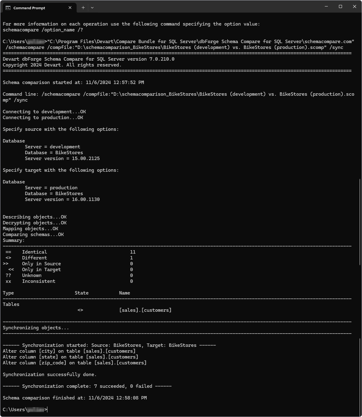 Running schema comparison using the command-line arguments file