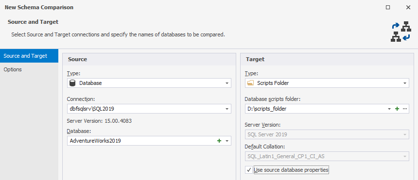 Set a source and target databases for comparison