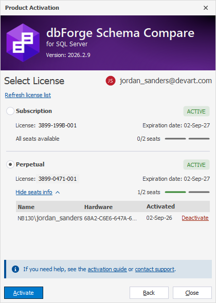 The Product Activation dialog - Multiple licenses