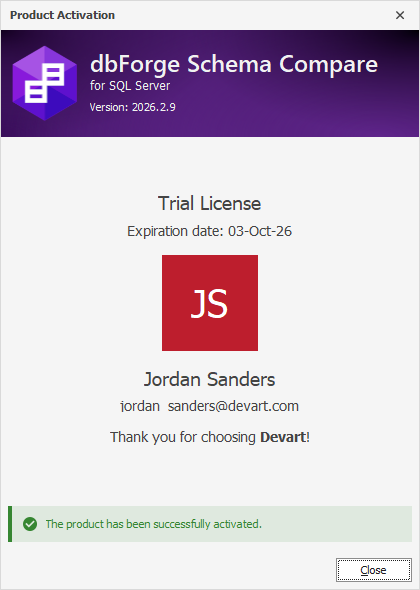 The Product Activation dialog - Successful activation of a trial license