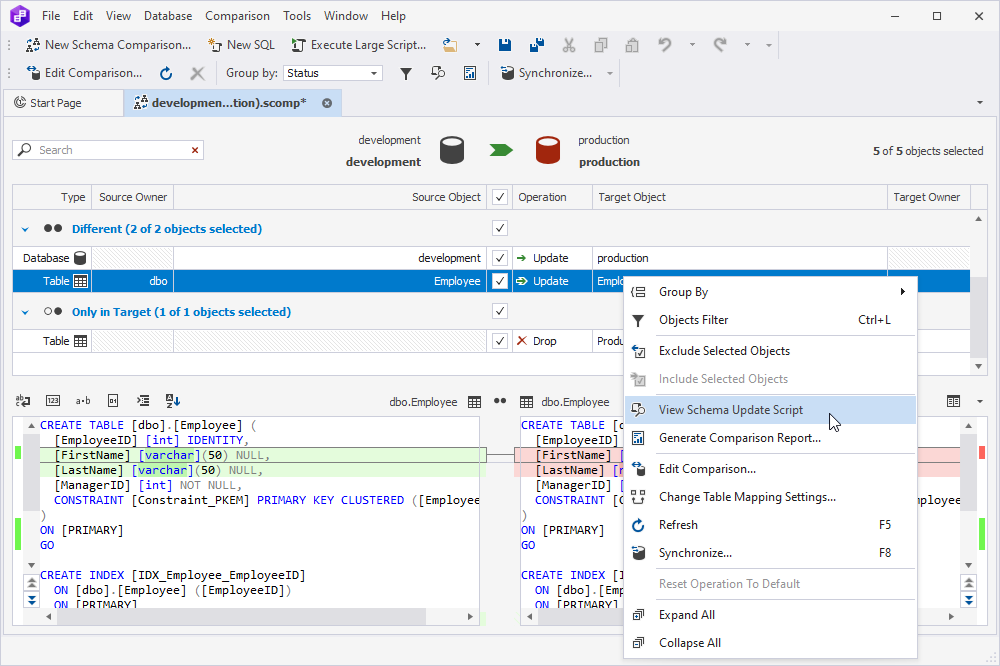 Viewing the schema update script