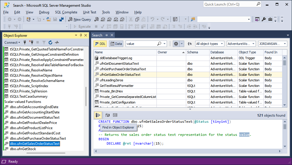 Find in Object Explorer