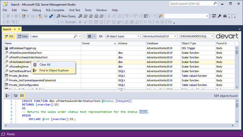 Find in Object Explorer