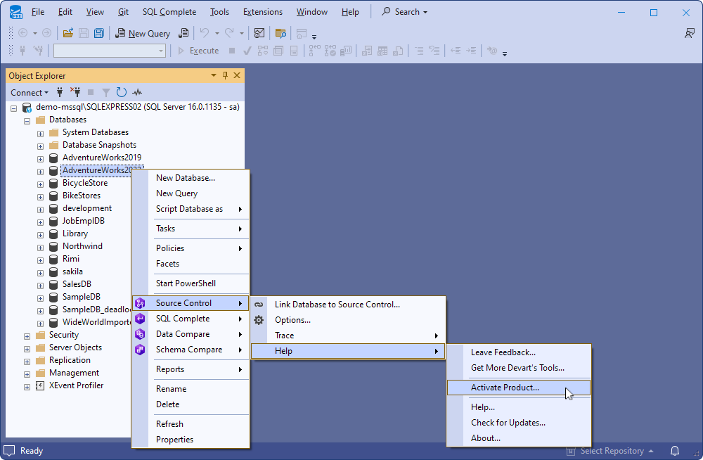 The expanded Help submenu in the Source Control menu in SSMS