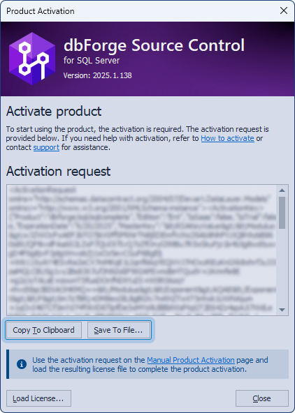 The Product Activation dialog with the activation request text