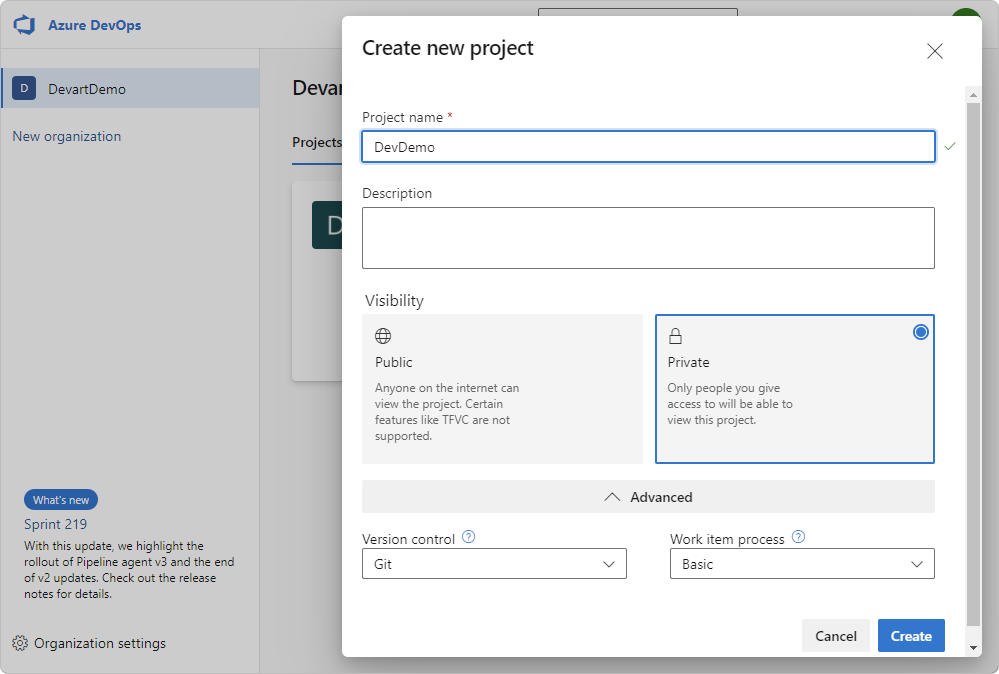 Create a new project in Azure DevOps