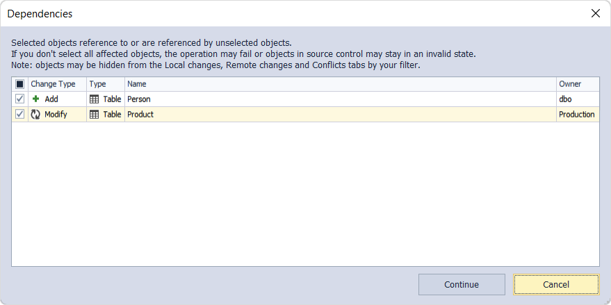 Dependencies window