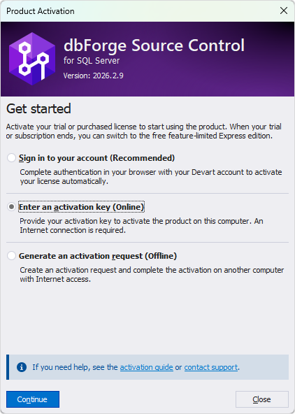 Select the Enter activation key option