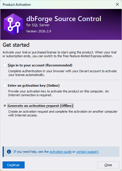 Select the Generate activation request option