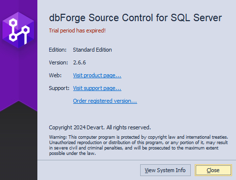 View the information about the current version of dbForge Source Control