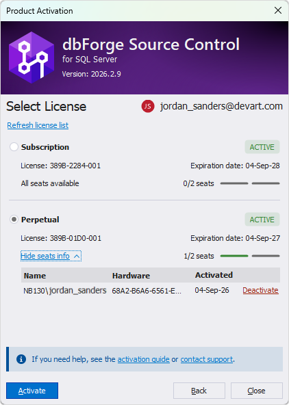 The Product Activation dialog - Multiple licenses