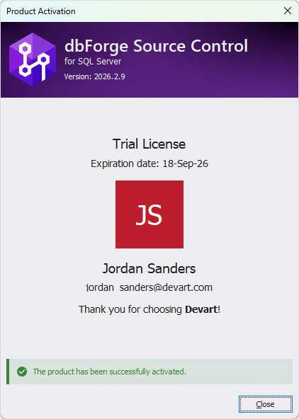 The Product Activation dialog - Successful activation of a trial license