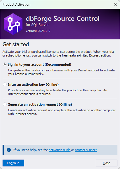 The Product Activation dialog - Sign in to your account