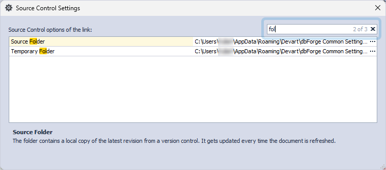 Search for options in the Source Control Settings dialog