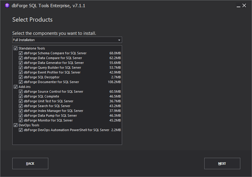 Install dbForge SQL Tools - Select products