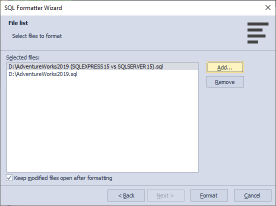 SQL Formatter - Add SQL files to be formatted