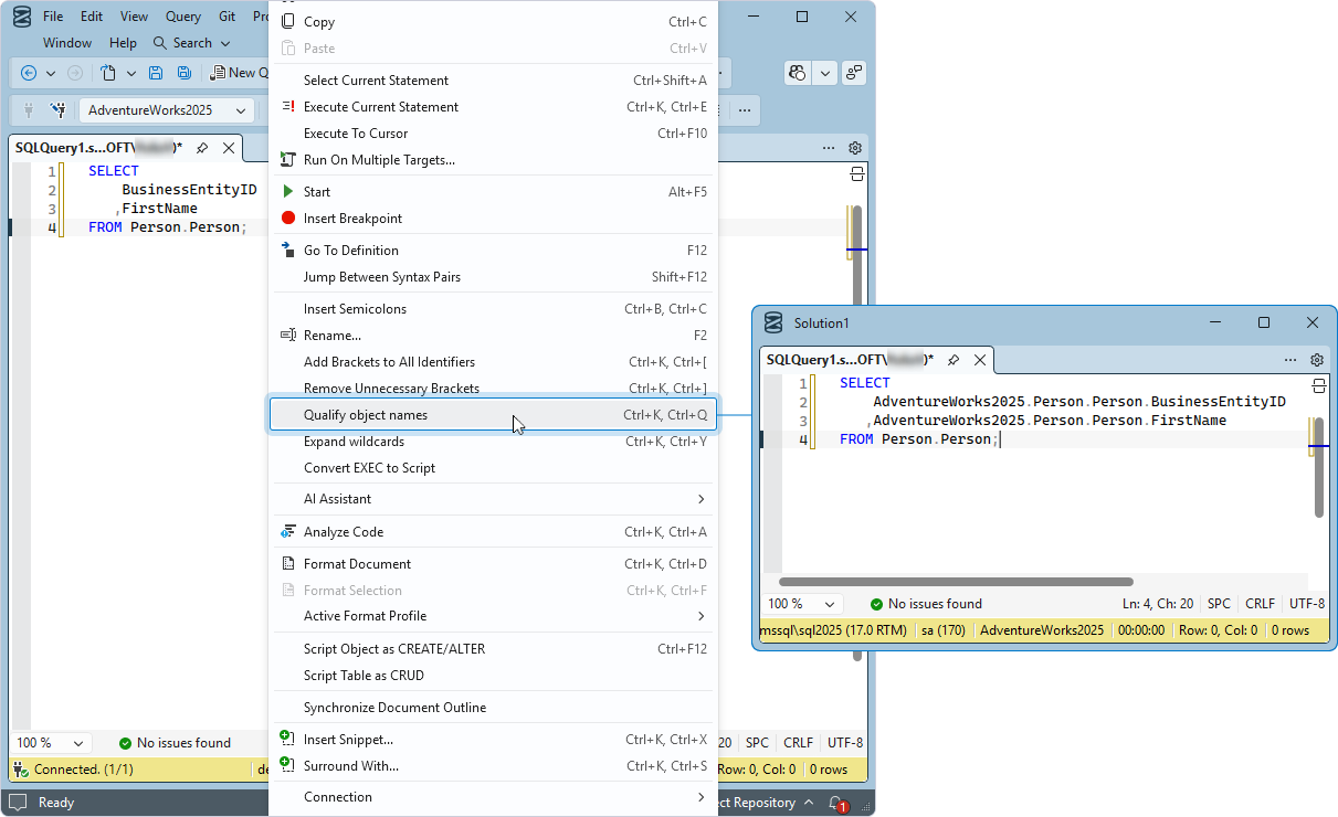 Qualify object names from the Refactoring shortcut menu in SQL Editor