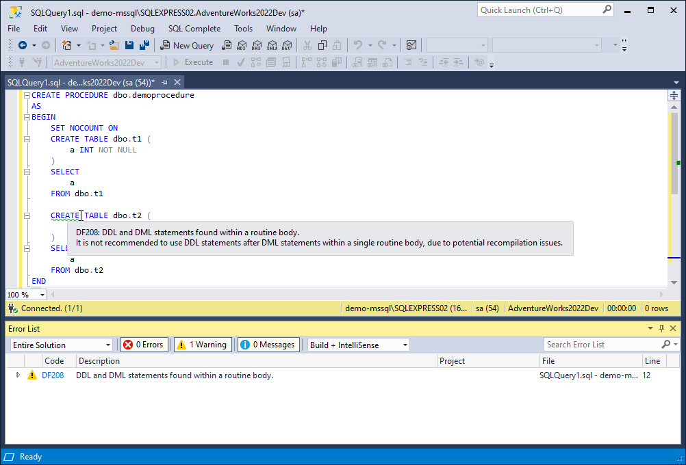 T-SQL Code Analyzer output