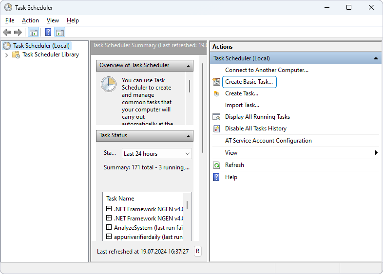 Click Create Basic Task in Windows Task Scheduler