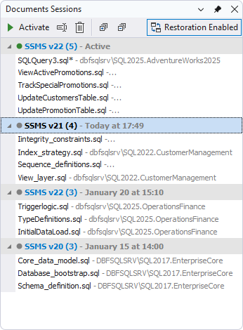 Documents Sessions window