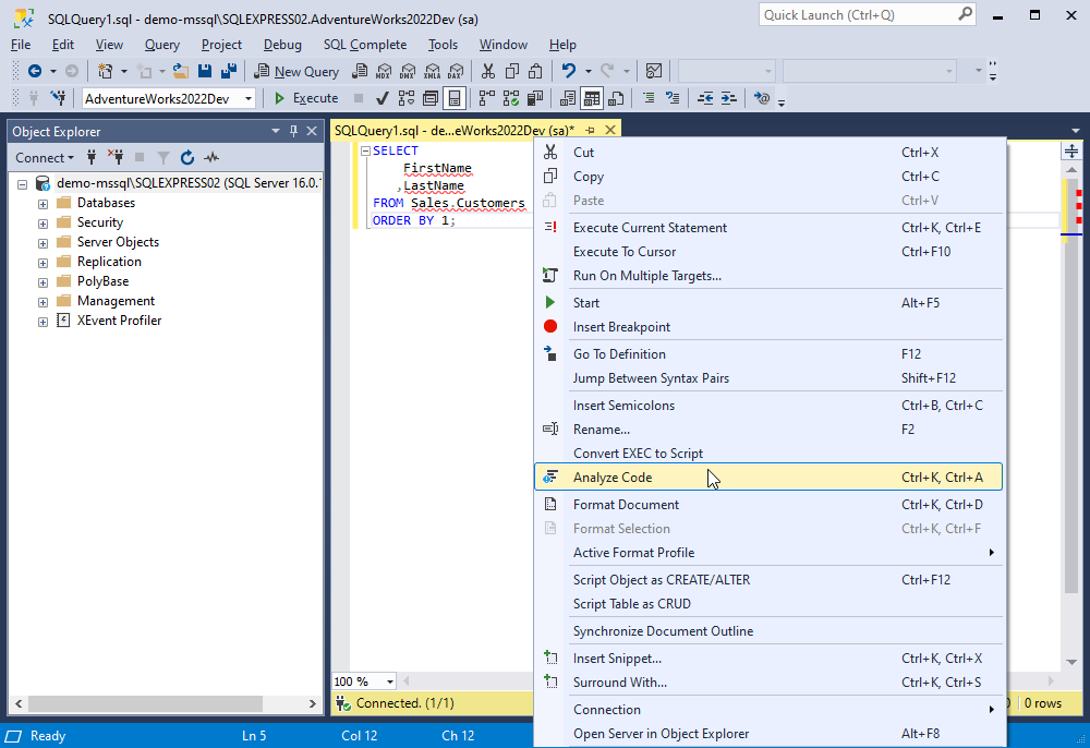 Enable T-SQL Code Analyzer