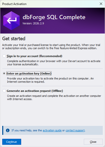 Select the Enter activation key option