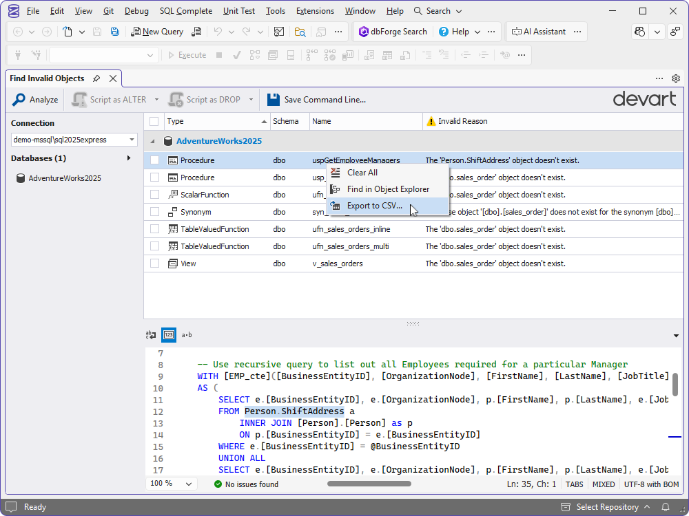 Export to CSV in Find Invalid Objects