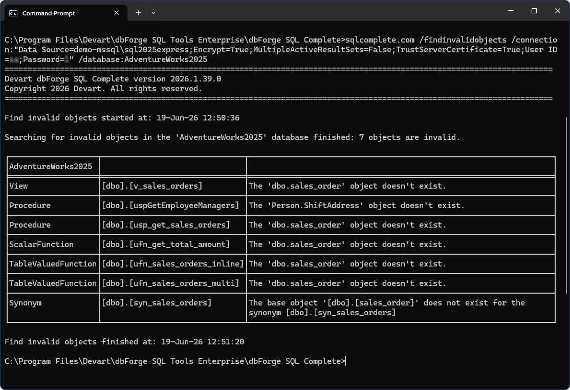 Find invalid objects in the command line