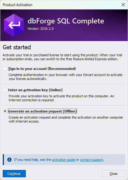 Select the Generate activation request option