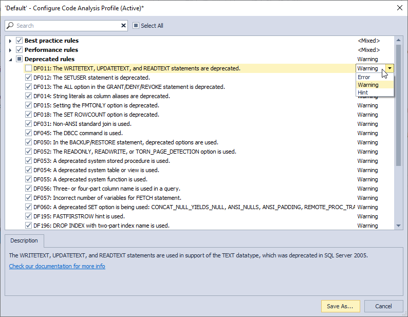 Open T-SQL Code Analyzer options