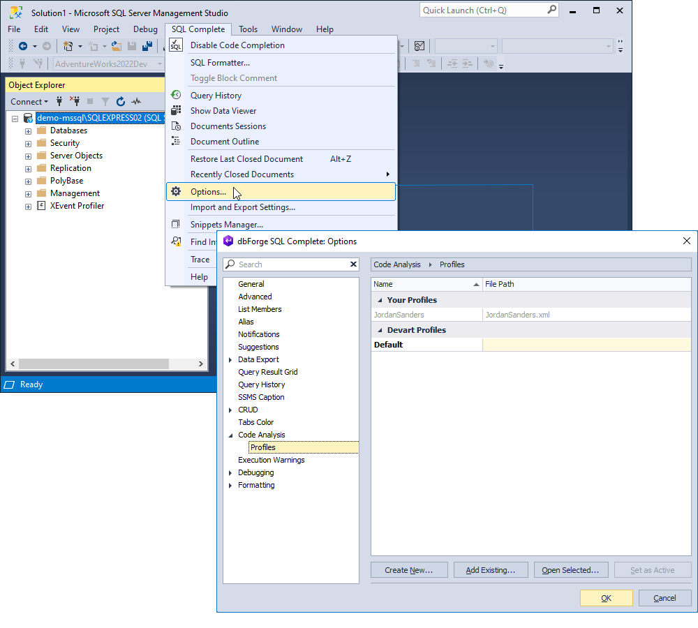 Open T-SQL Code Analyzer options