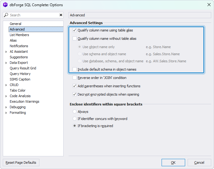 View the options in the Options dialog