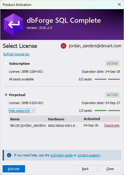 The Product Activation dialog - Multiple licenses