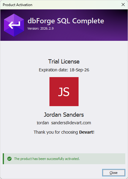 The Product Activation dialog - Successful activation of a trial license