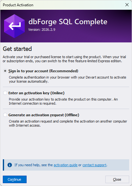 The Product Activation dialog - Sign in to your account