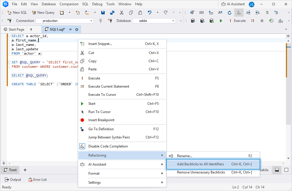 Before: Add backticks to all identifiers in the query