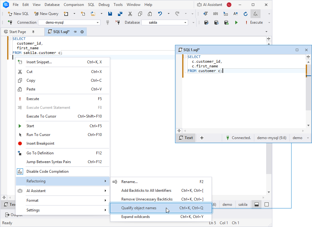 Qualify object names from the Refactoring shortcut menu in SQL Editor