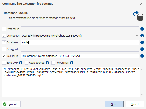 The Command line execution file settings dialog.