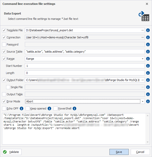 The Command line execution file settings dialog.