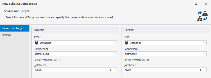 Compare source and target databases