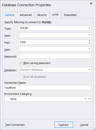 Database Connection Properties dialog box