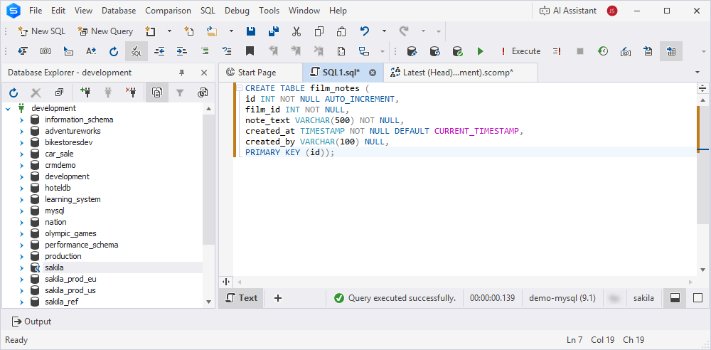 Creating the table in the sakila database
