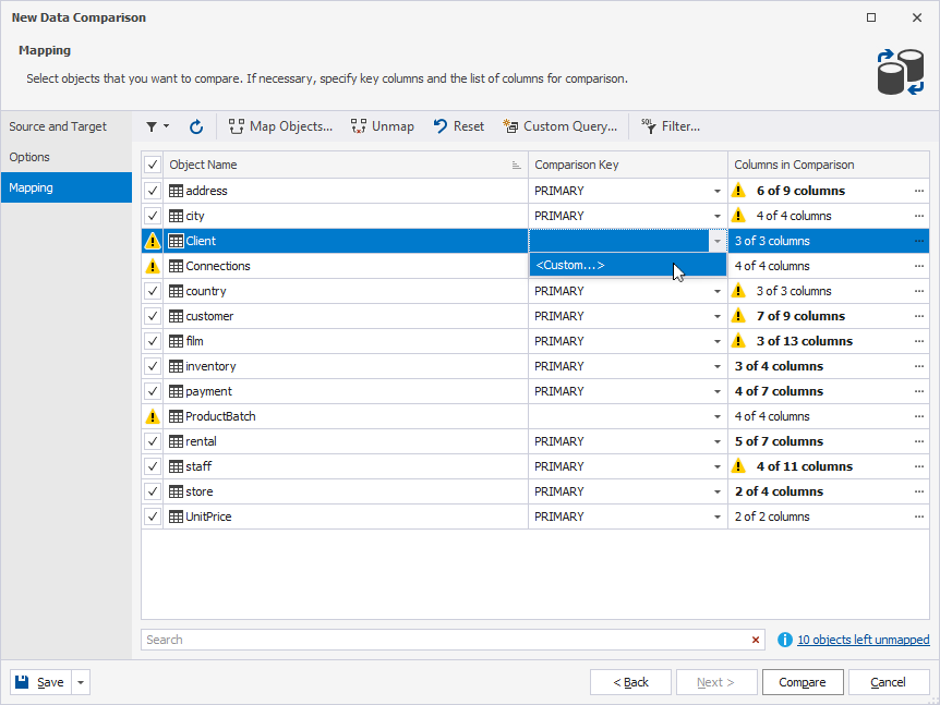 Select the Custom option for the comparison key column