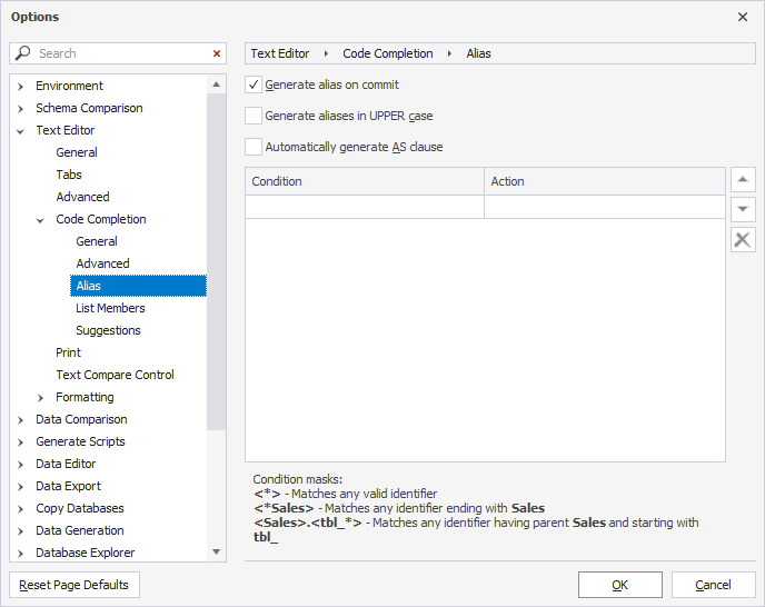 Open the Options dialog to customize or create an alias